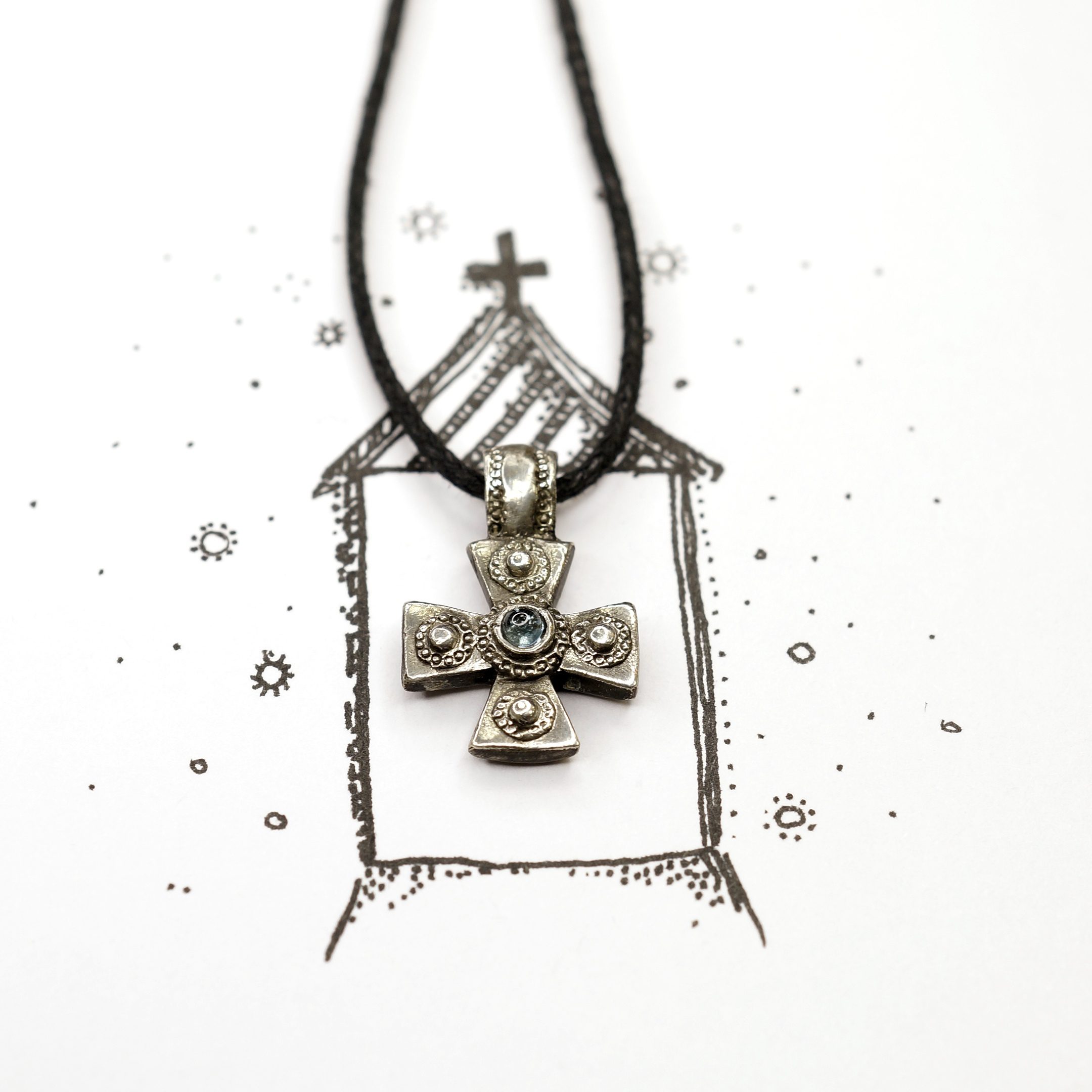 Нательный крестик "Дом Божий" - Полудрагоценные камни