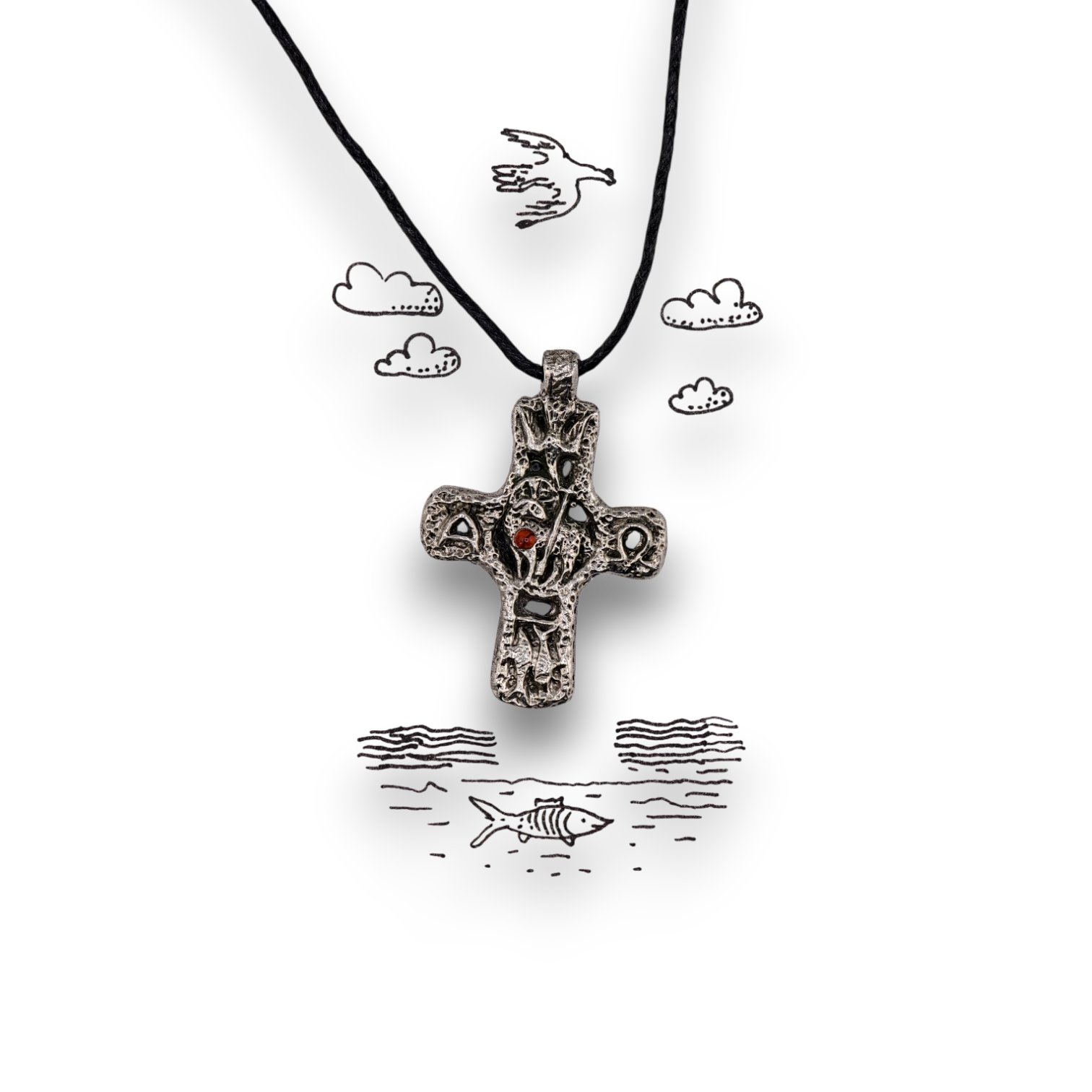 Нательный крестик "Альфа и Омега" (маленький) - Полудрагоценные камни